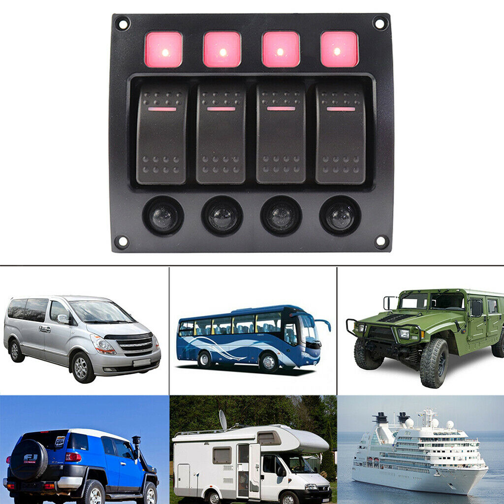 4 Gang Red LED Rocker Switch Panel Waterproof 24/12V Car Boat Marine