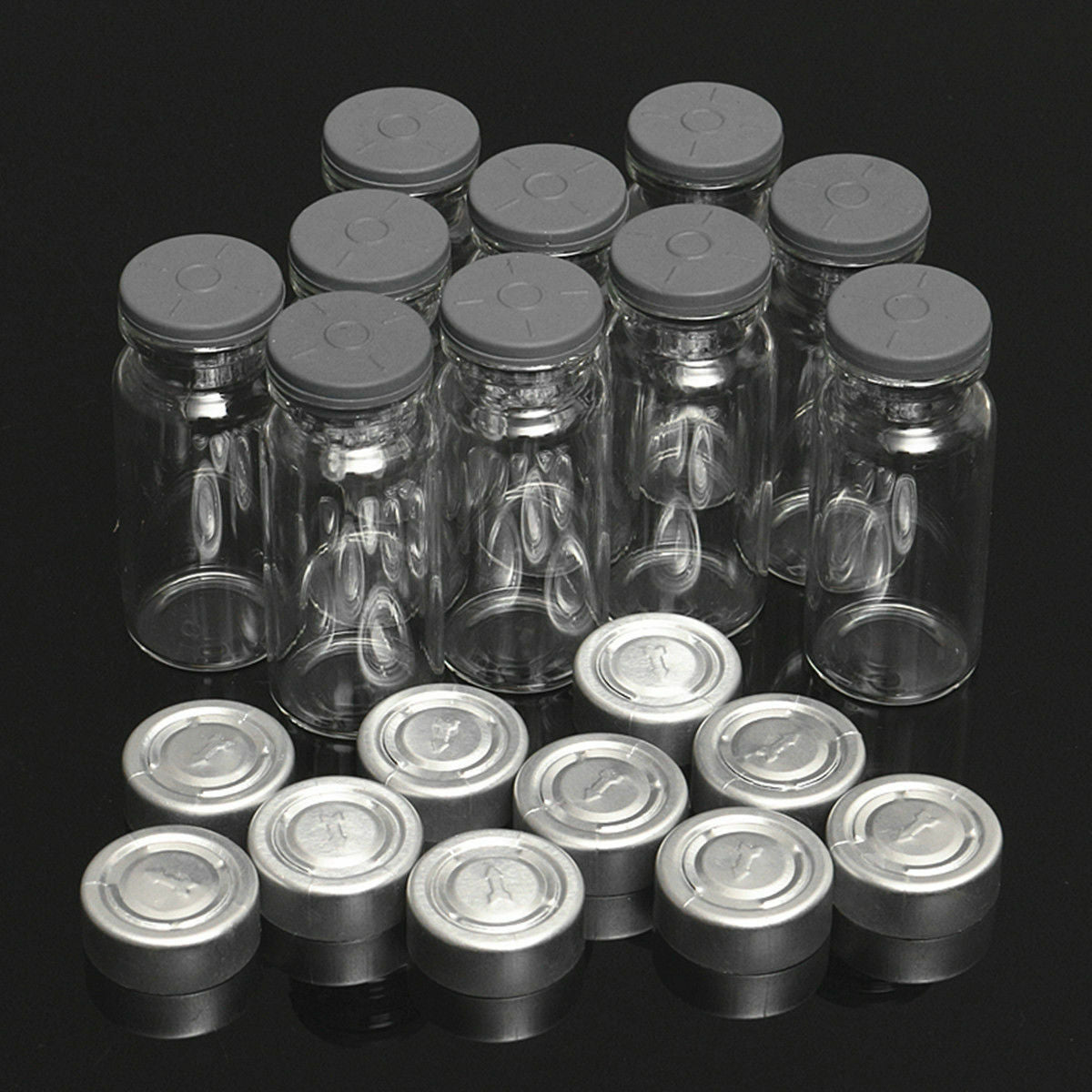 10Pcs 10ml Empty Sample Vial Clear Glass Bottles Jar Butyl Rubber Stopper