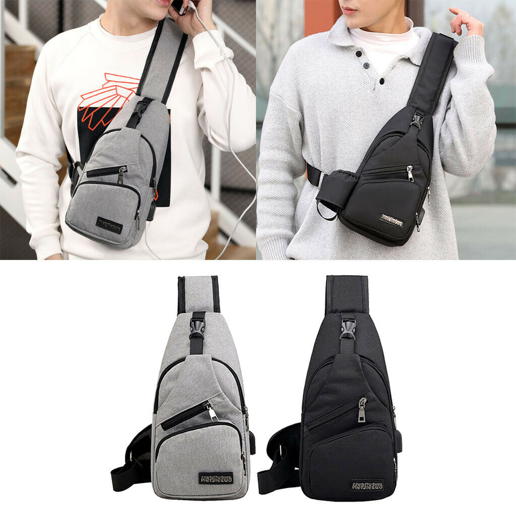 2Pcs Mens Sling Bag USB Charging Port Outdoor Travel Casual Lightweight Bag