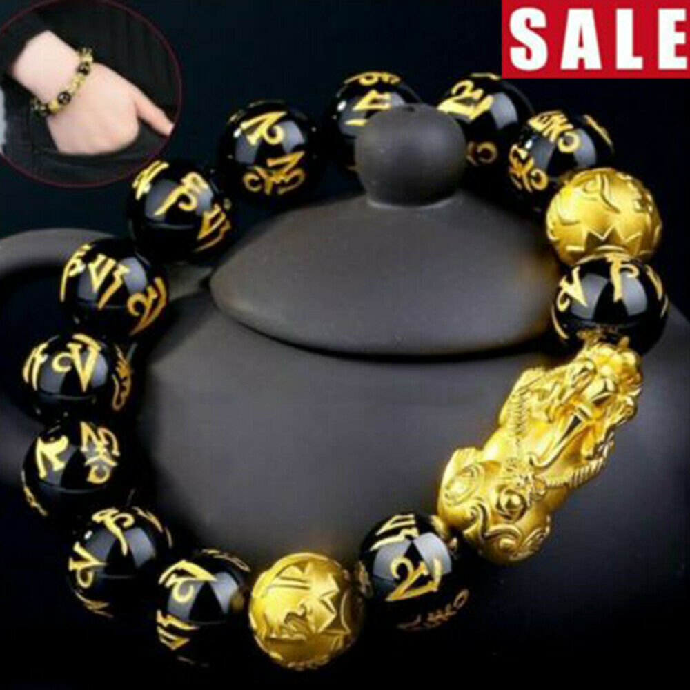 2020 Feng Shui Black Obsidian Alloy Wealth Golden Pixiu Bracelet Lucky Jewelry..
