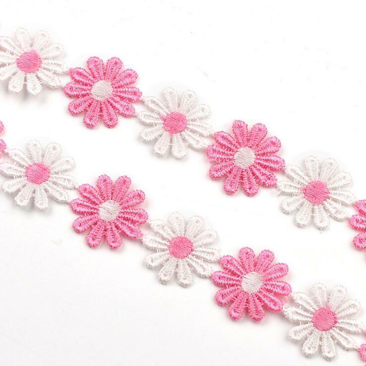 5 Yards Pink White Flower Embroidered lace Trim clothing Appliques Sewing 2.5cm