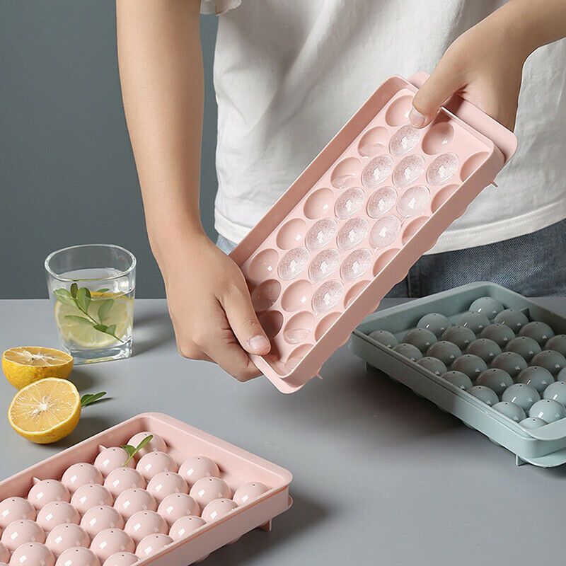 Round Ice Cube Tray with Lid Plastic Ice Cube Mold Refrigerator Spherical Ic KX
