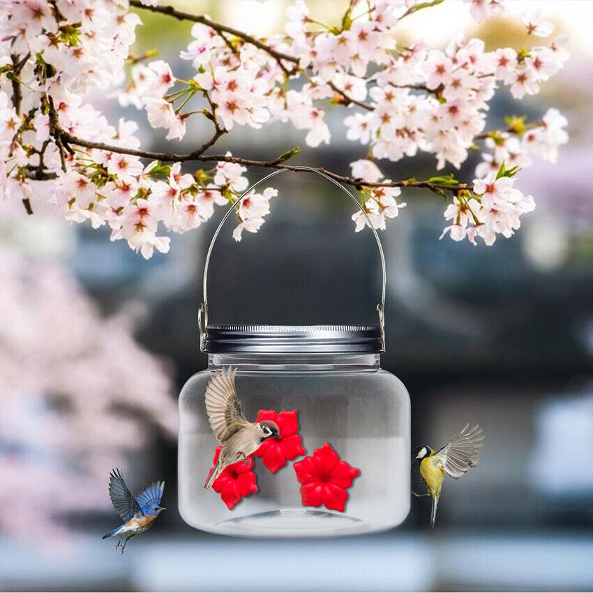 Hanging Feeder Glass Bottle Hummingbird Feeder Flowered Mason Jar Feeding Ports