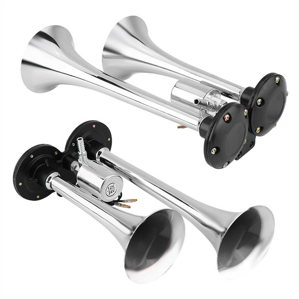 12V Truck Train Boat RV 150db Super Loud Dual Trumpet Air Horn Chrome W/Solenoid