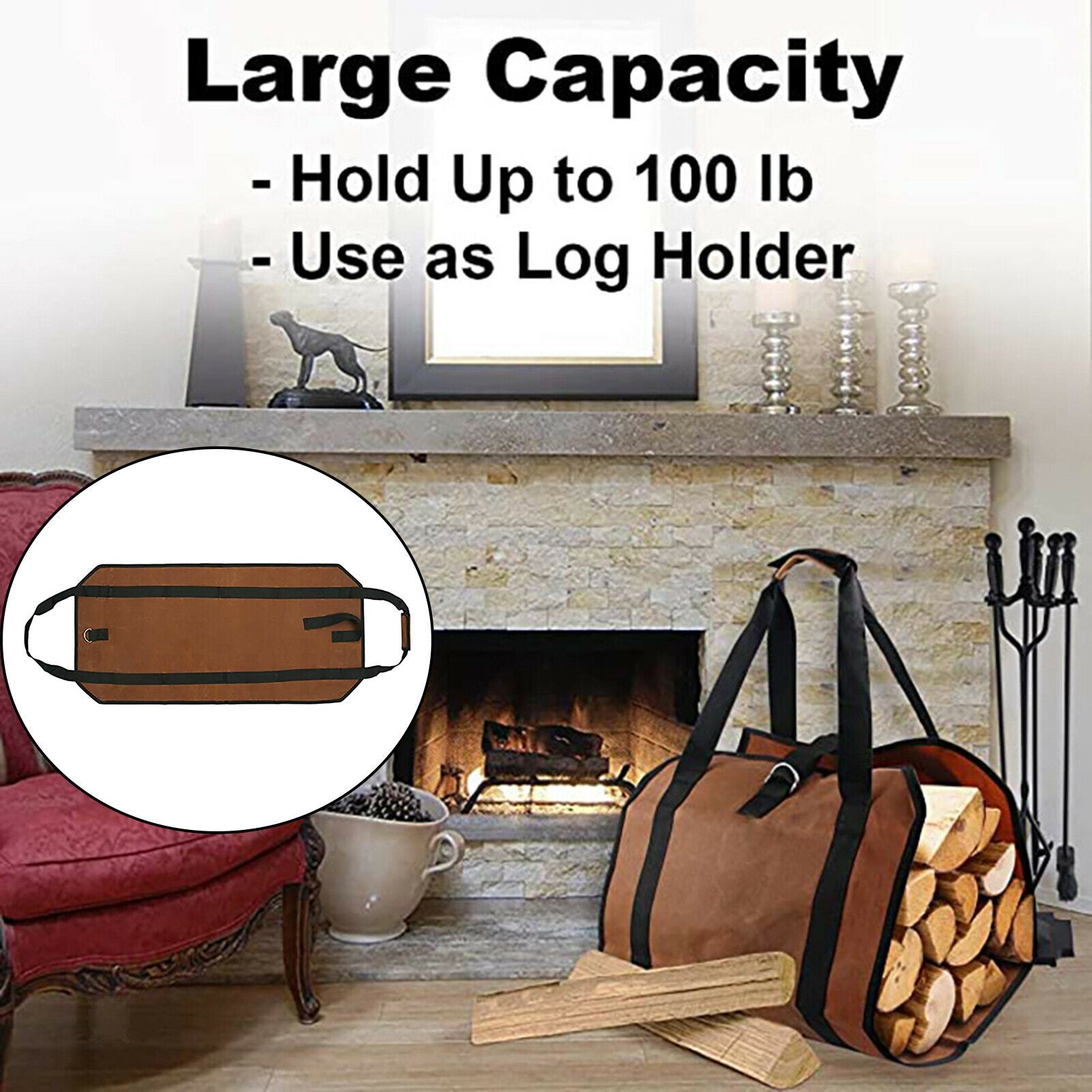 Firewood Wood Carrier Bag Waxed Canvas Large Durable Camping for Outdoor