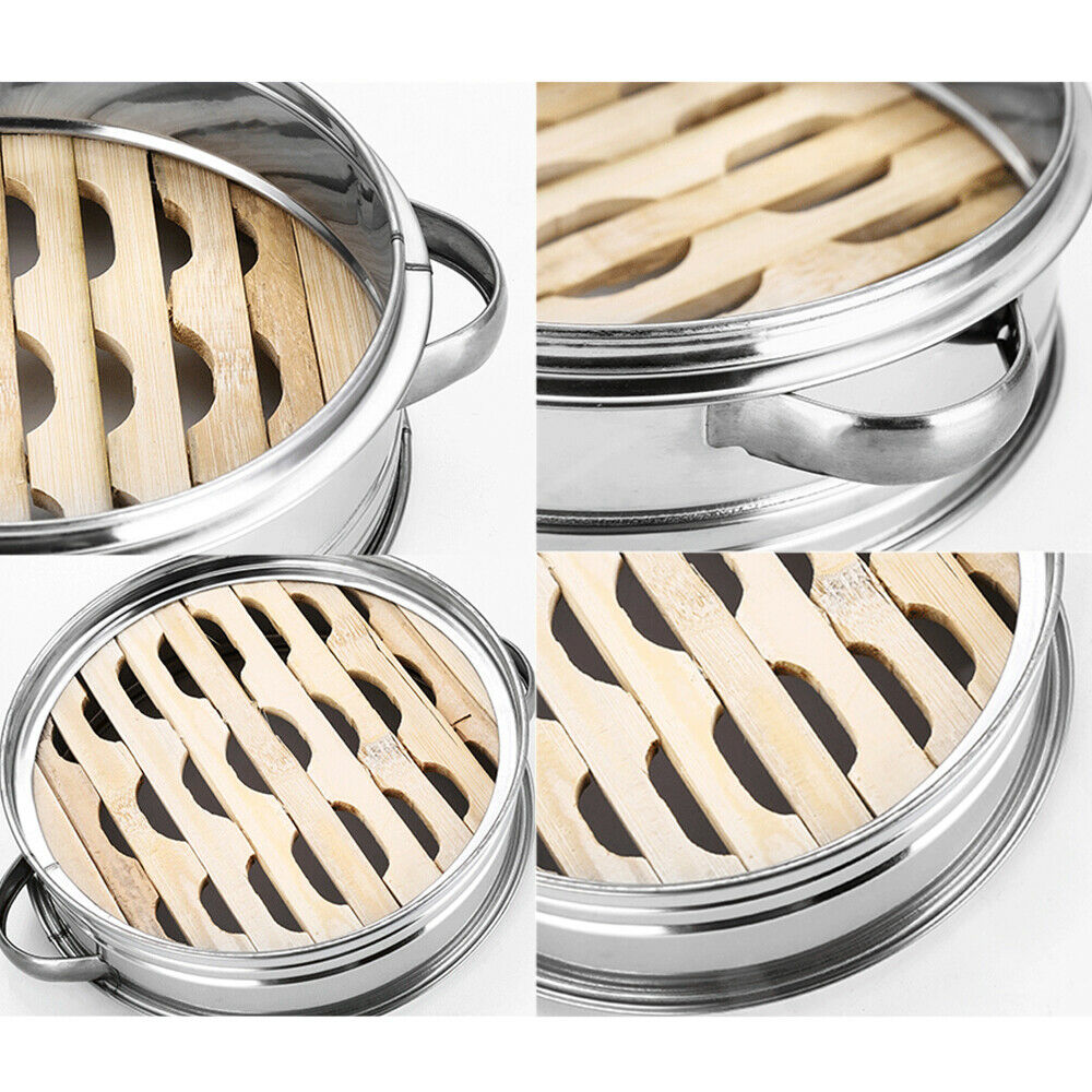 Stainless Steel Food Steamer Basket with Bamboo Bottom 4 Tier 6.3" with Lid
