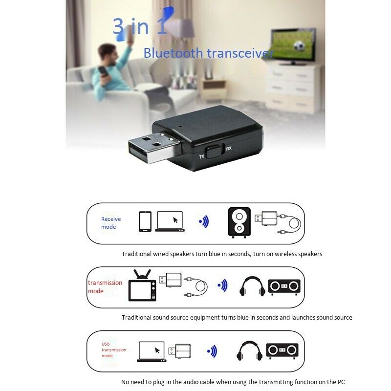 Bluetooth Receiver Transmitter 3 In1 Adapter Bluetooth 5.0 +EDR PC Free Audio D9