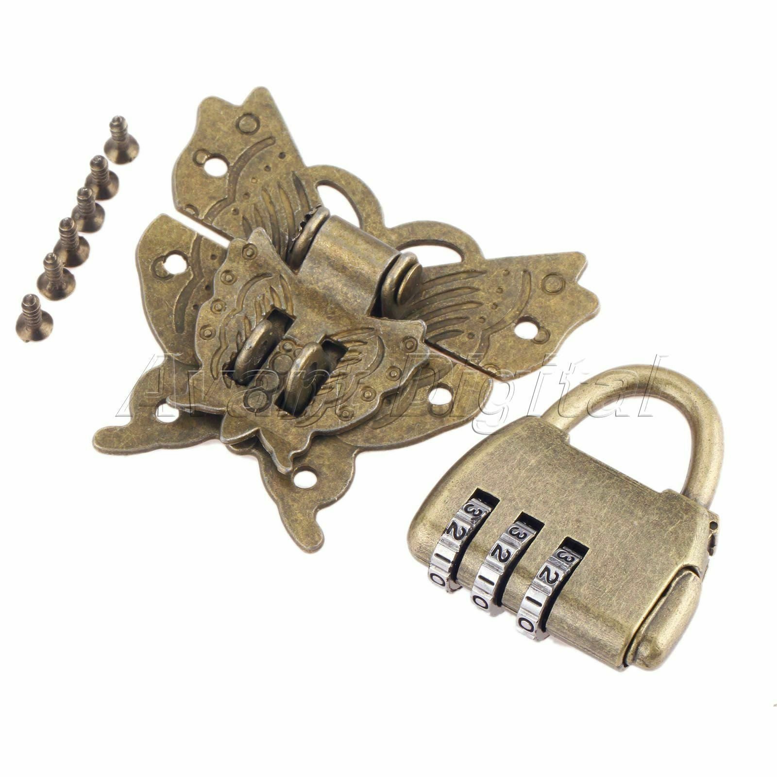 Retro Style Chinese Password Padlock Lock Key with Butterfly Box Latch Clasp Set