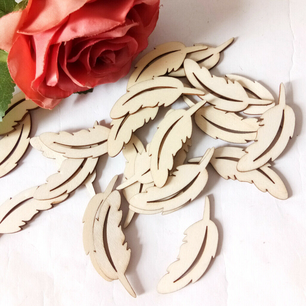 25Pcs Natural Unfinished Wood Feather Wooden Arts Crafts Wedding Decor