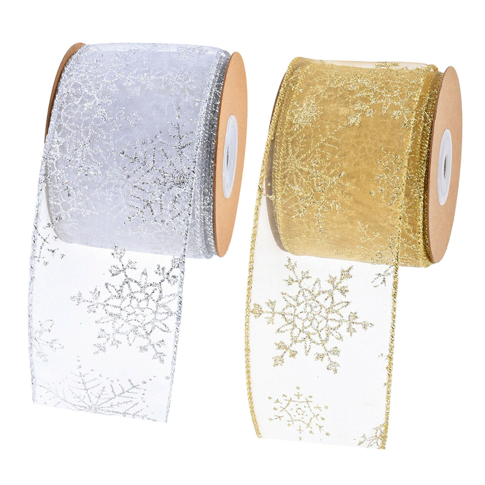 2pcs 10 Yards Christmas Snowflake Wired Edge Ribbon for Party Gift Wrapping