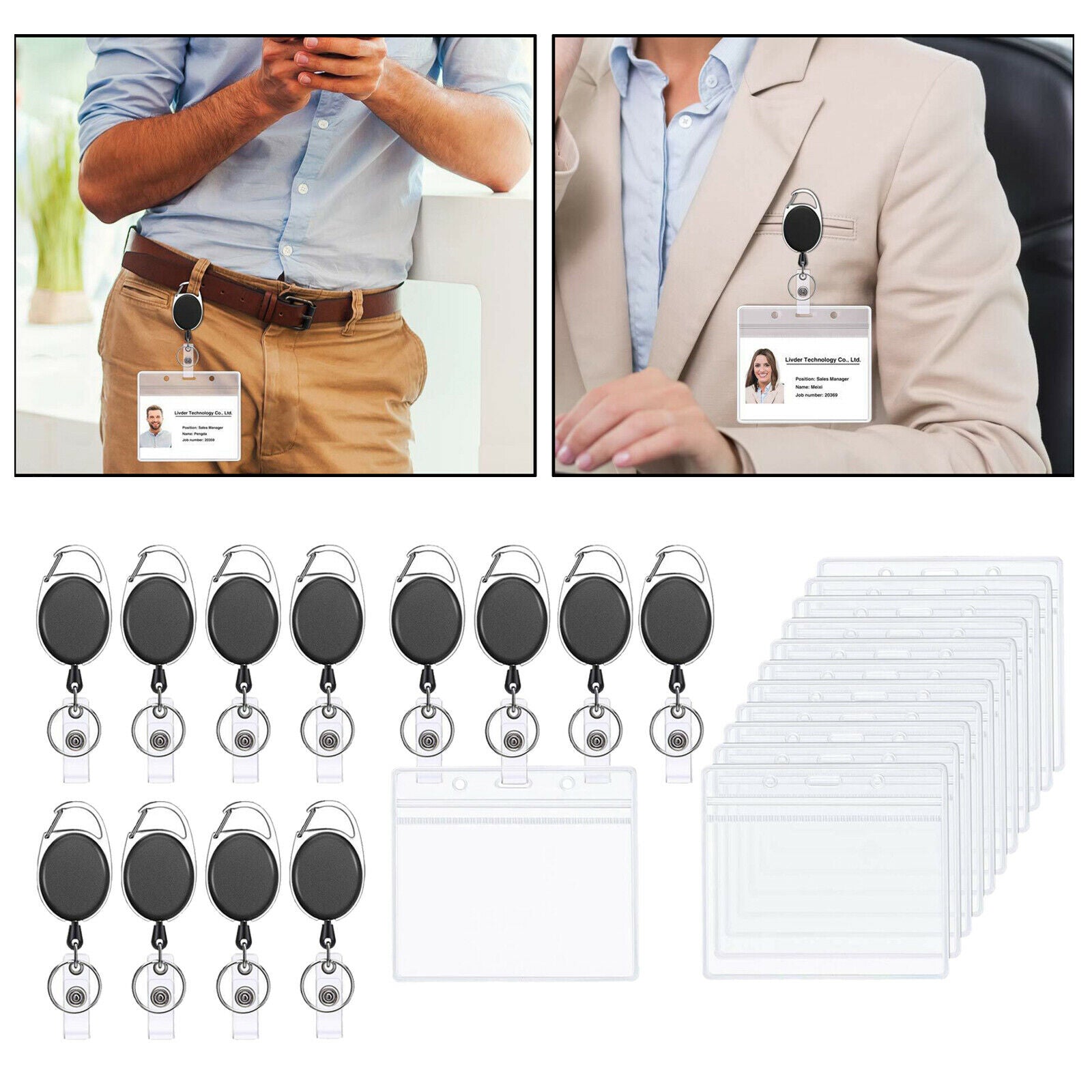 12x Black Heavy Duty Retractable Badge Reel Key Ring for Office Worker