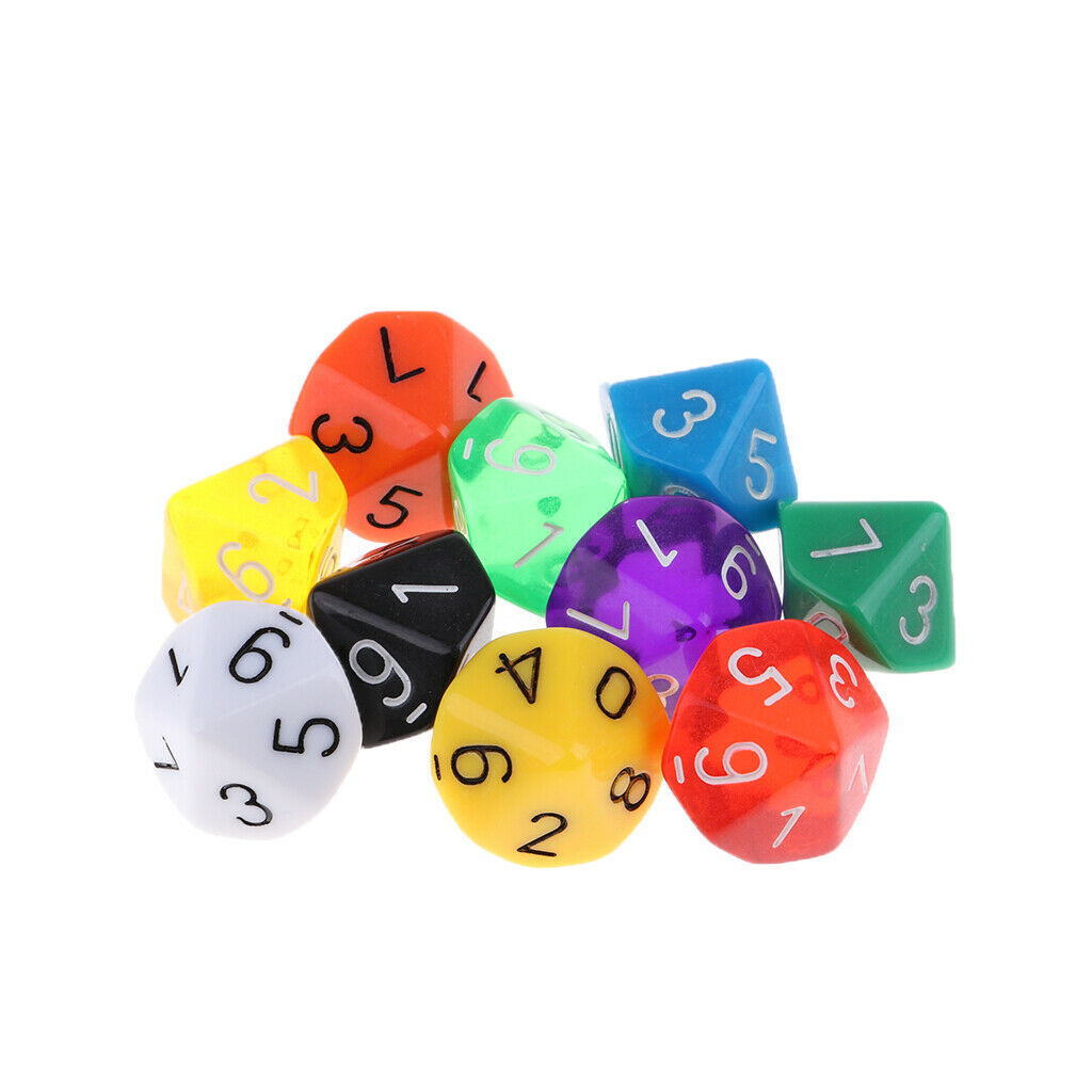 Pack of 10 Multi-Sided Acrylic Table Games Dice for Travel Pathfinder/D&D RPG