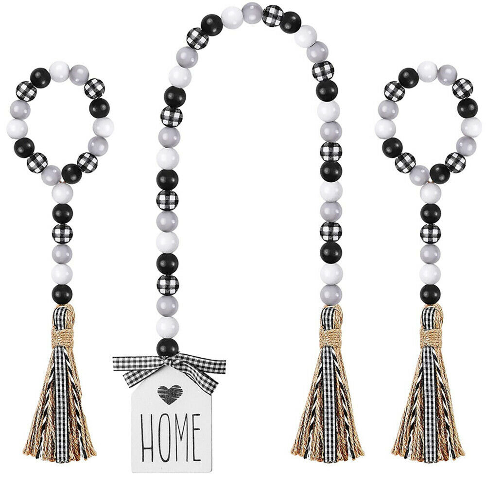 3PCS Black&White Plaid Wood Bead Garland with Tassel Home Bed Hanging Decor