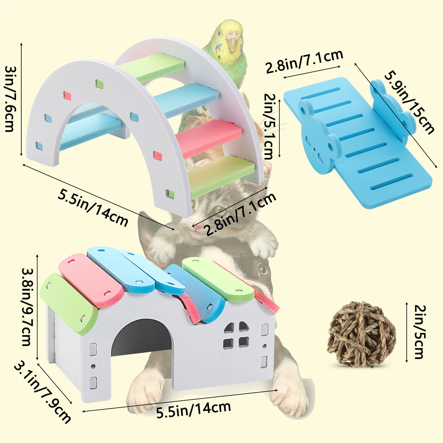 Pet Tooth Chew Toys Wooden Hamster House Chew Grass Balls Rainbow Hamster Toys