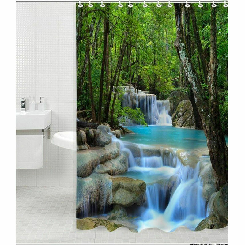 Polyester Waterfalls Nature Landscape Shower Curtain Hook Set Washable