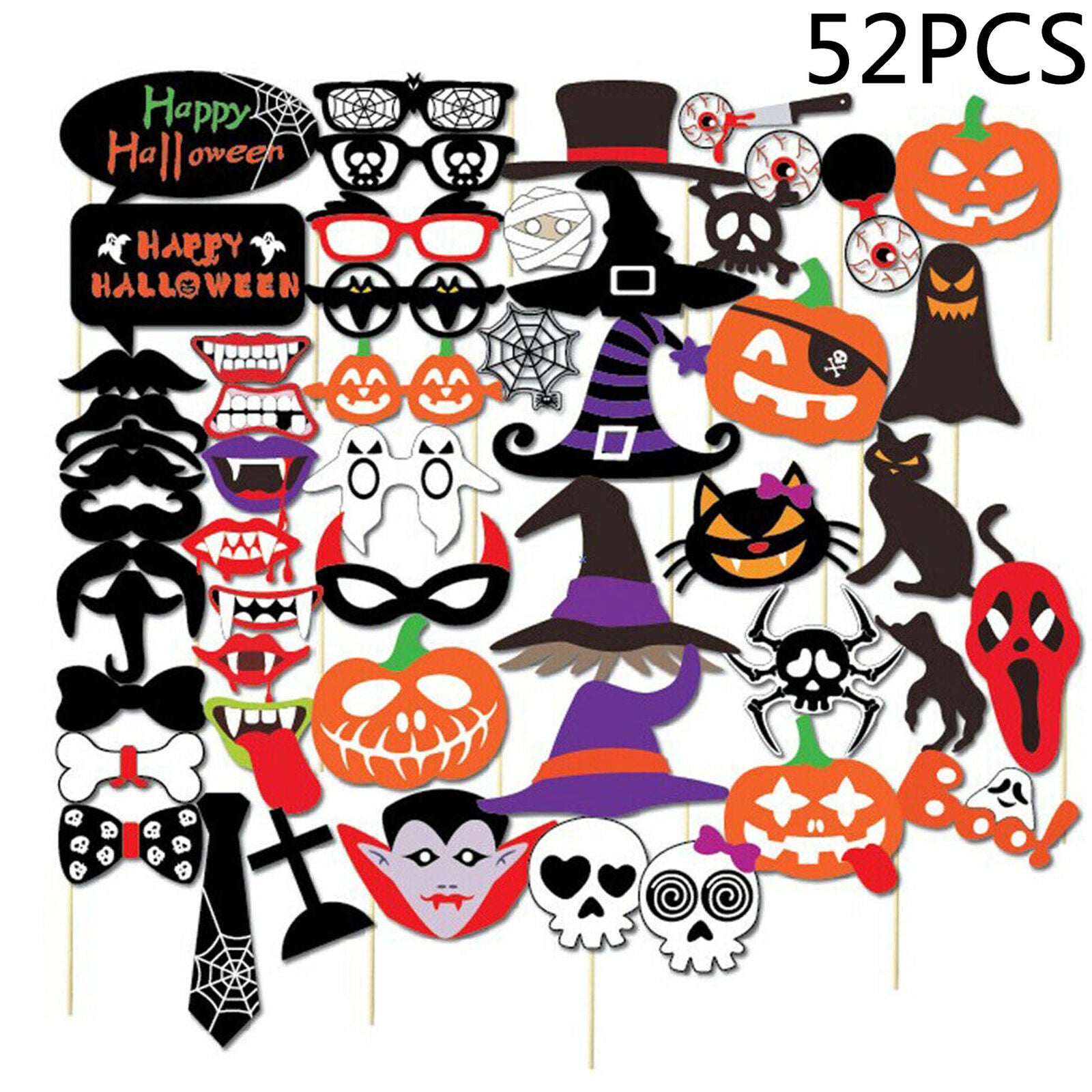 52PCS Halloween Party Card Masks Pumpkin Photo Booth Props Supplies Decorations