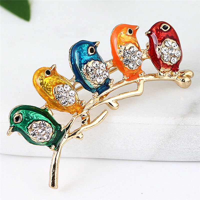 Enamel Five Birds Brooch Pin Crystal Rhinestone Collar Clip Animal Brooches GR