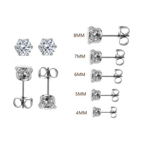 Set 5 Pairs 316L Stainless Steel Round Clear Cubic Zirconia Ear Stud Earring