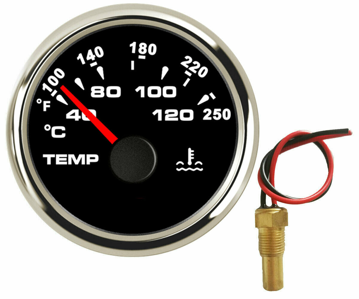 black water temp gauge with sender 100-250F 40-120C 287.4-22.4 ohms 7 colors led
