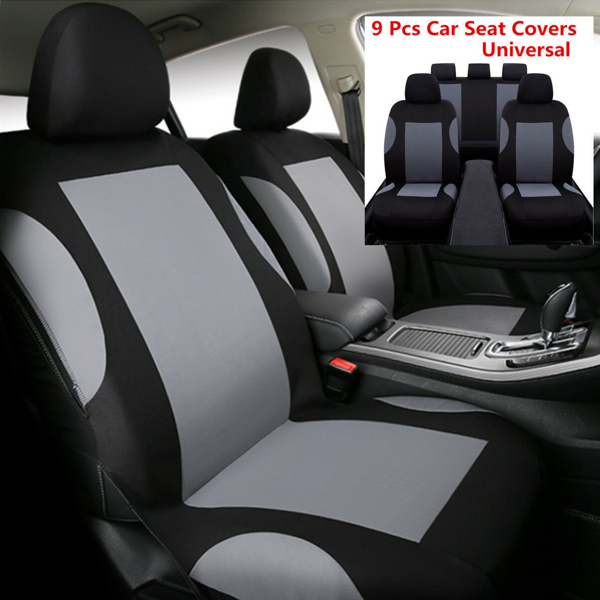 9 Pcs Breathable Polyester Gray Car Seat Covers Set  Front Rear Seats Headrests