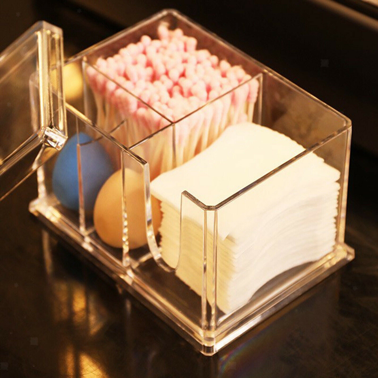 Clear Acrylic 4 Sections Cotton Pads Cotton Swab Dispenser with Lid Durable,