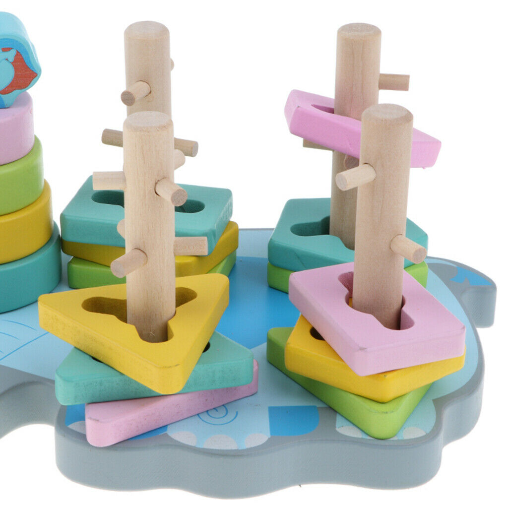 Wooden Cartoon Elephant Base Geometric Shape and Color Matching Blocks for Kids