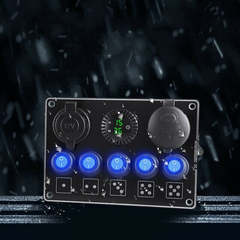 LED Clock Digital Display PD QC3.0 Cigarette Lighter Charge 5-port Switch Panel