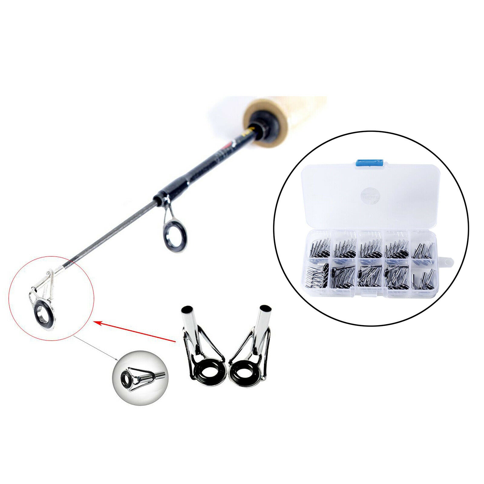 54Pcs/Box Sea Fishing Rod Guide Repair Kit DIY Tips Top Ring Guide Rings Set