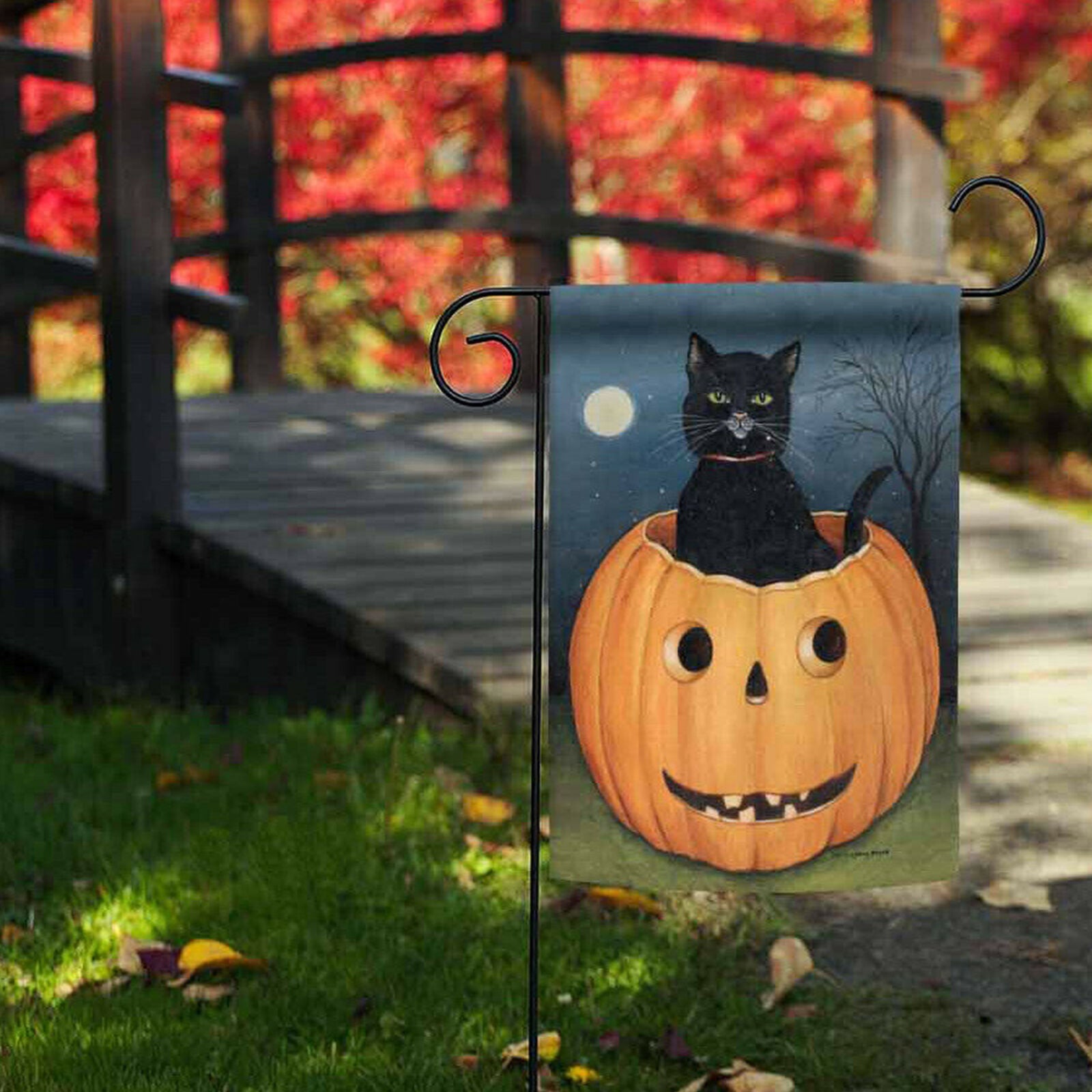 Toland Hallow Cat 12.5 x 18 Americana Black Kitty Moon Pumpkin Garden Flag