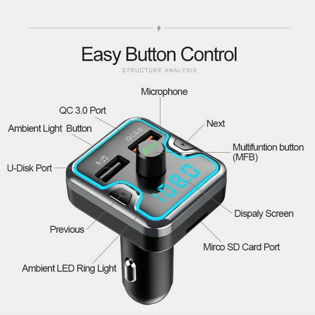 Car Bluetooth FM Transmitter Car Fast Charger Adapter Music Player with Light