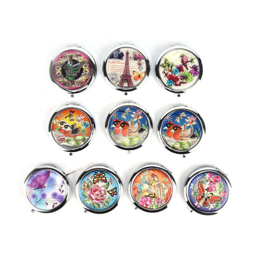 Crystal Folding Round Pocket Compact Makeup Cosmetic Mirror Portable XGA Rf