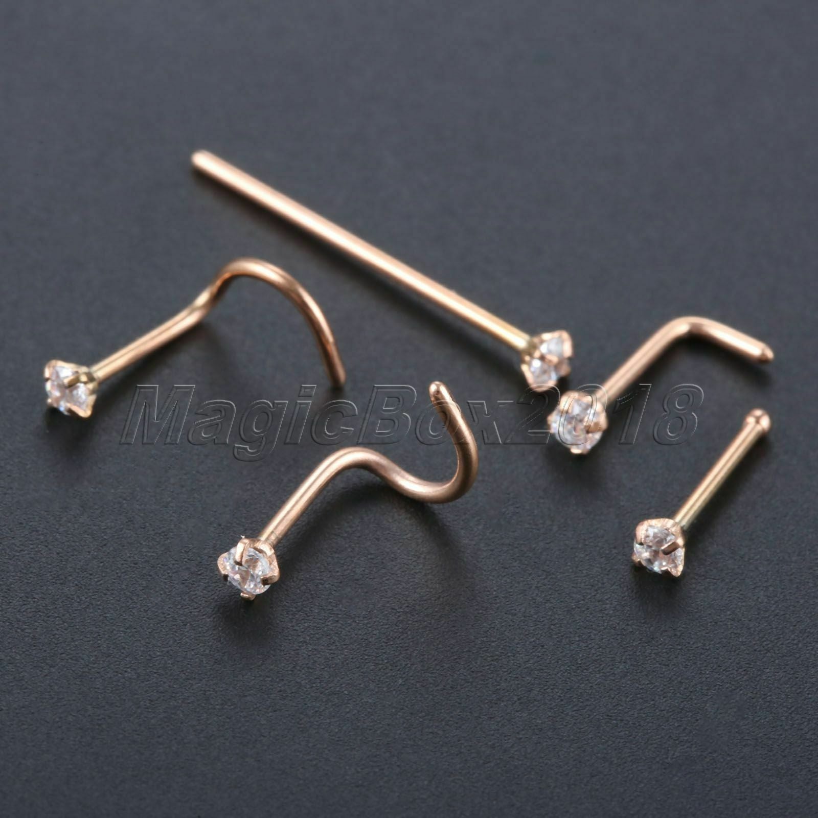 Stainless Steel Zircon Nose Nail Hoop Stud Set Piercing Roseold 5pcs Gauge 0.8mm