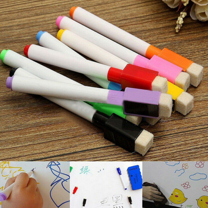 Set Of 8 Color Magnet Pens Magnetic Dry Wipe White Board Markers Built In Erase
