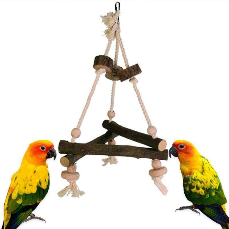 Natural Wooden Triangular Bird Swing Parakeet Bird Rope Stand Perch Chewing Toys