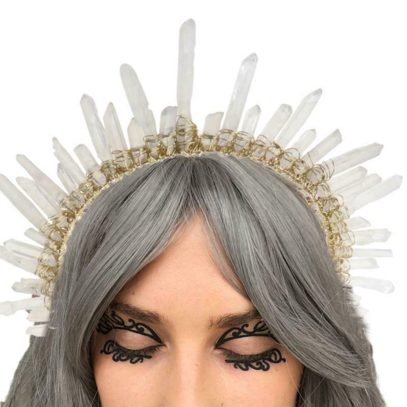 Boho Bridal Wedding Headband Handmade Clear White Faux Crystal Quartz Hair Hoop