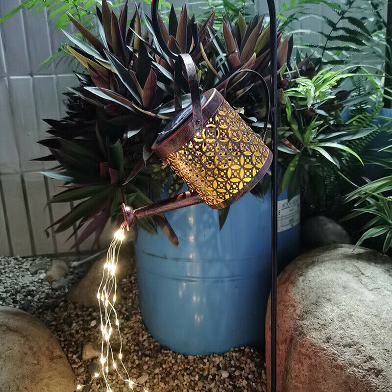 Iron Hollow Out Lamp Metal Solar Powered Watering Can Sprinkles Fairy Li KX