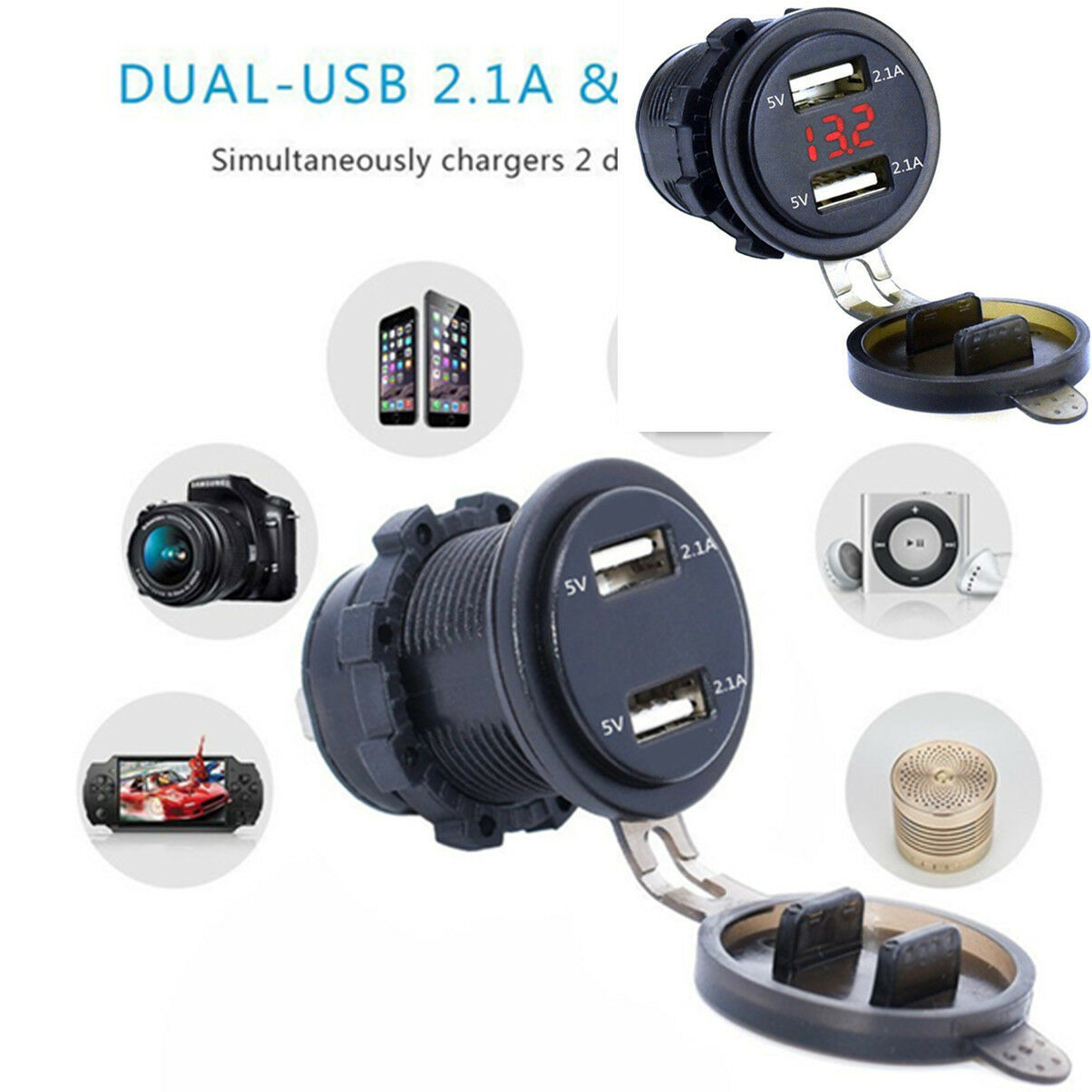 Dual USB Charger Socket Power Outlet 4.2A with Voltmeter &Wire In-line 10A Fuse