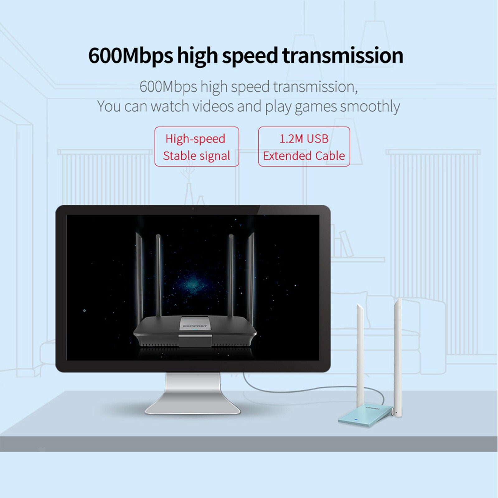 600Mbps and 5.8GHz Dual Band Wireless USB WiFi Adapter with Antennas