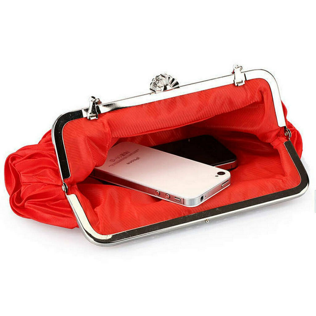 Satin Evening Handbag Shoulder Chain Bag Crystal Wedding Clutch Red