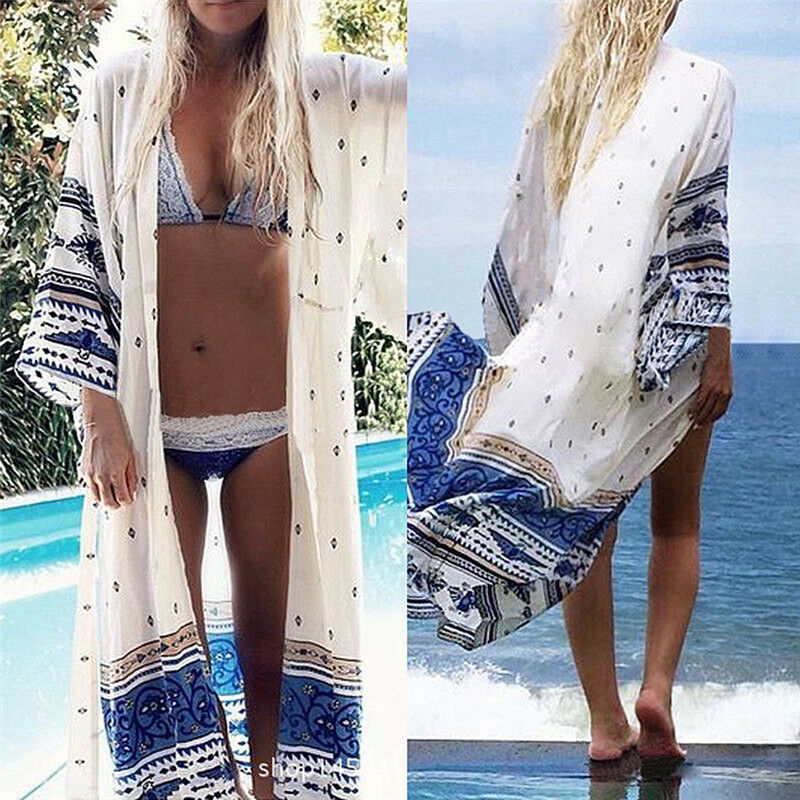 Women Summer Chiffon Bikini Cover Up Swimwear Bathing Suit Beach Dress Long 2 TL