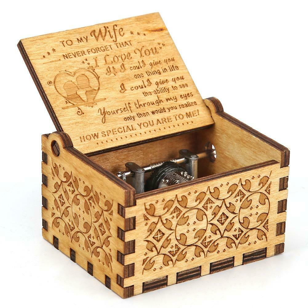 Retro Hand Cranked Music Box Wood Carved Kid Child Birthday Gift Home Decor @