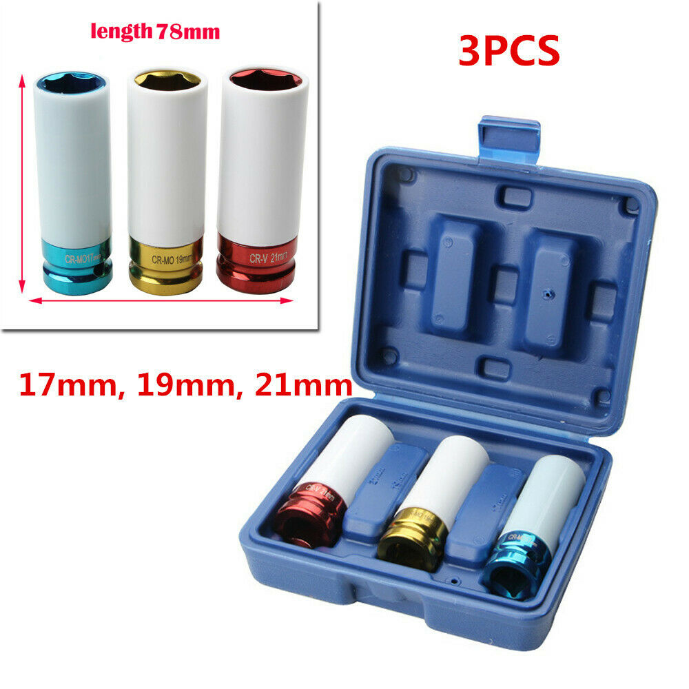 3X 1/2" Ratchet/Bar Car Steel Wheel Tyre Impact Nut Garage Socket 17 19 21mm Kit
