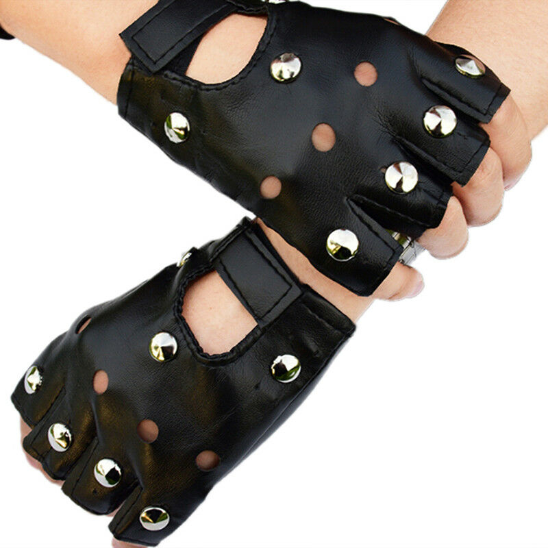 Leather Fingerless Short Gloves Black Rivets Stud Half Finger Mittens Fashion Ad