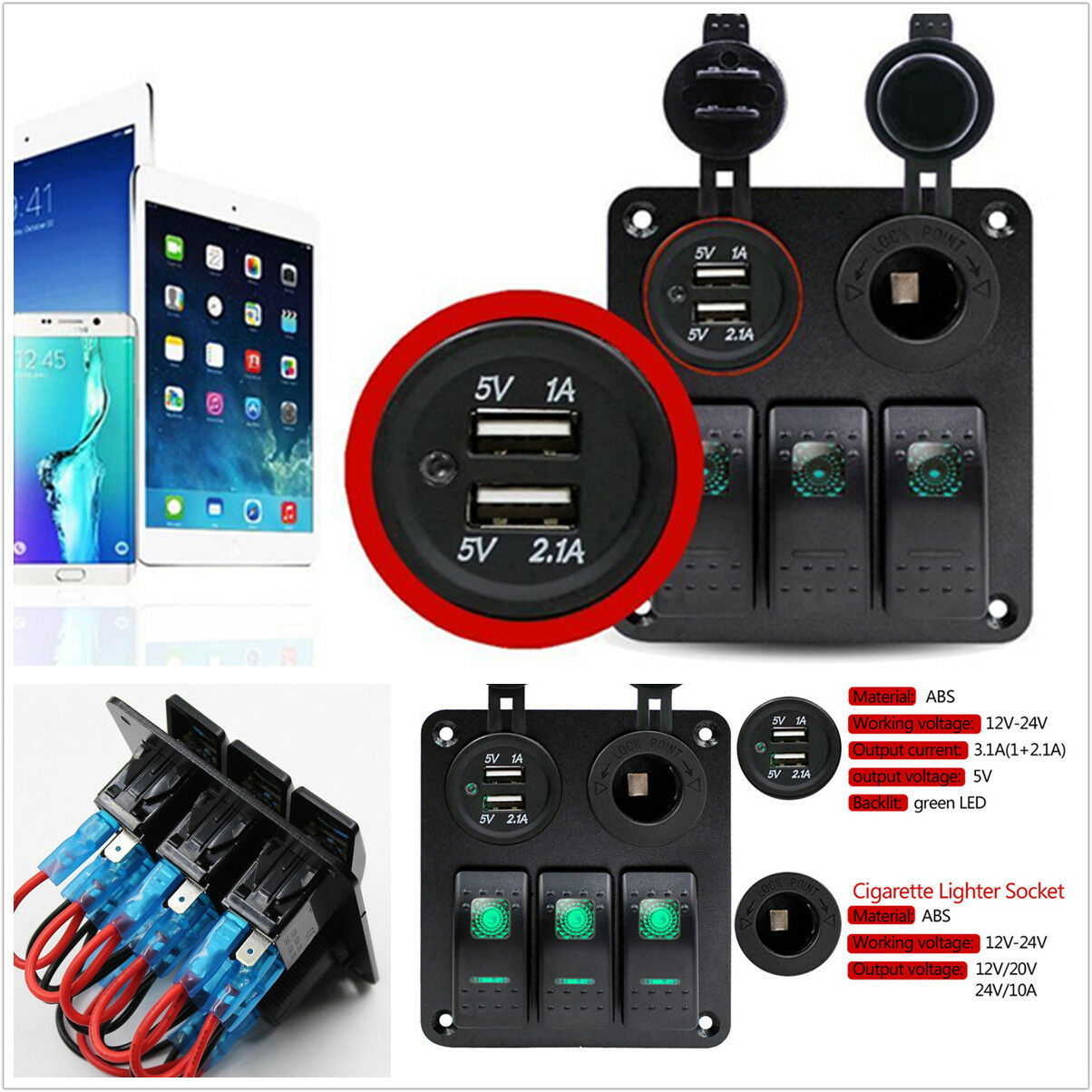3 Gang LED Rocker Switch Panel Circuit Breaker Dual USB For RV Car Marine Boat