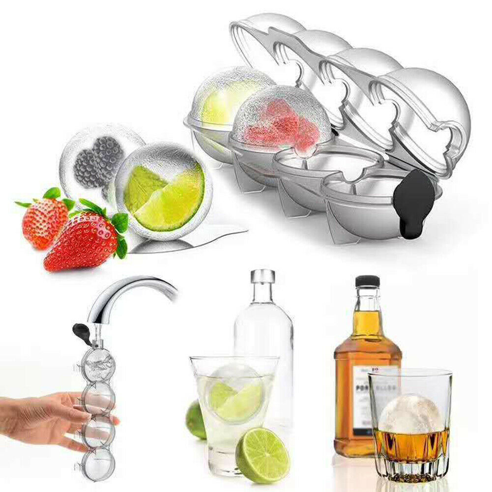 4-Cavity Plastic Round Ice Ball Molds Freezer Mould Whiskey Ice Cube Maker @