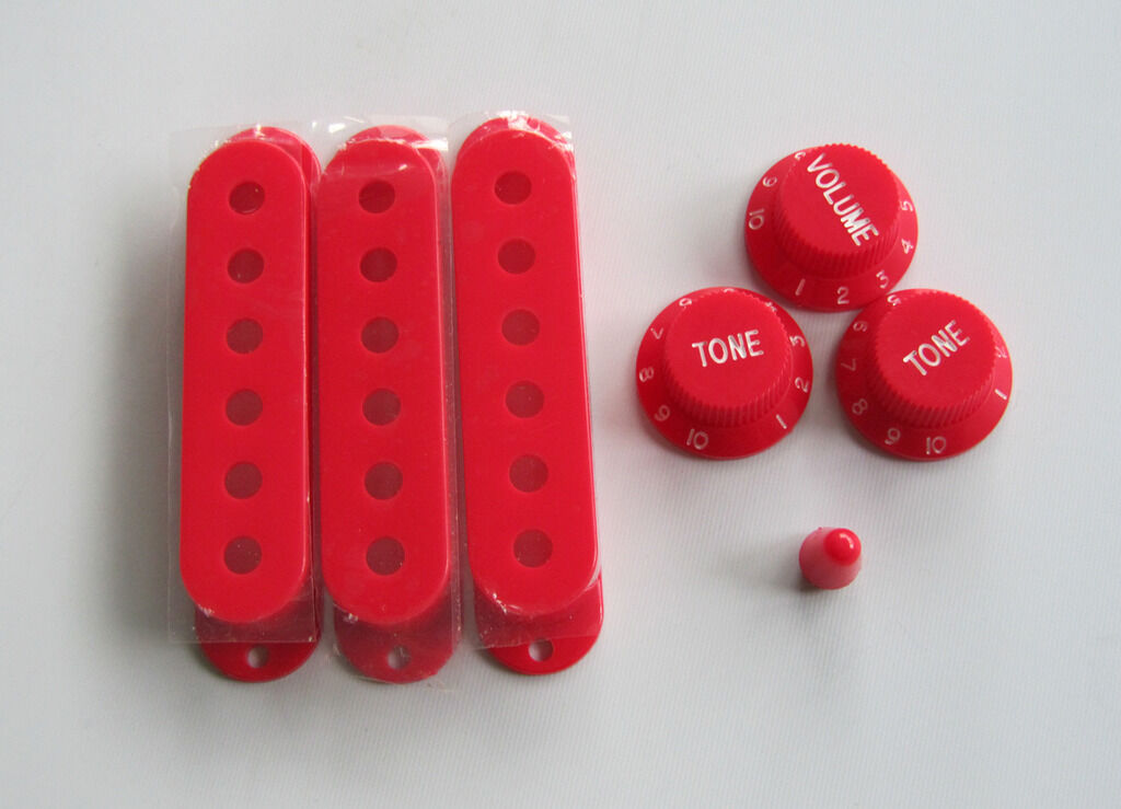 Red/White Strat Knobs,ST Single Coil Pickup Covers and 5 Way Switch Tip Red