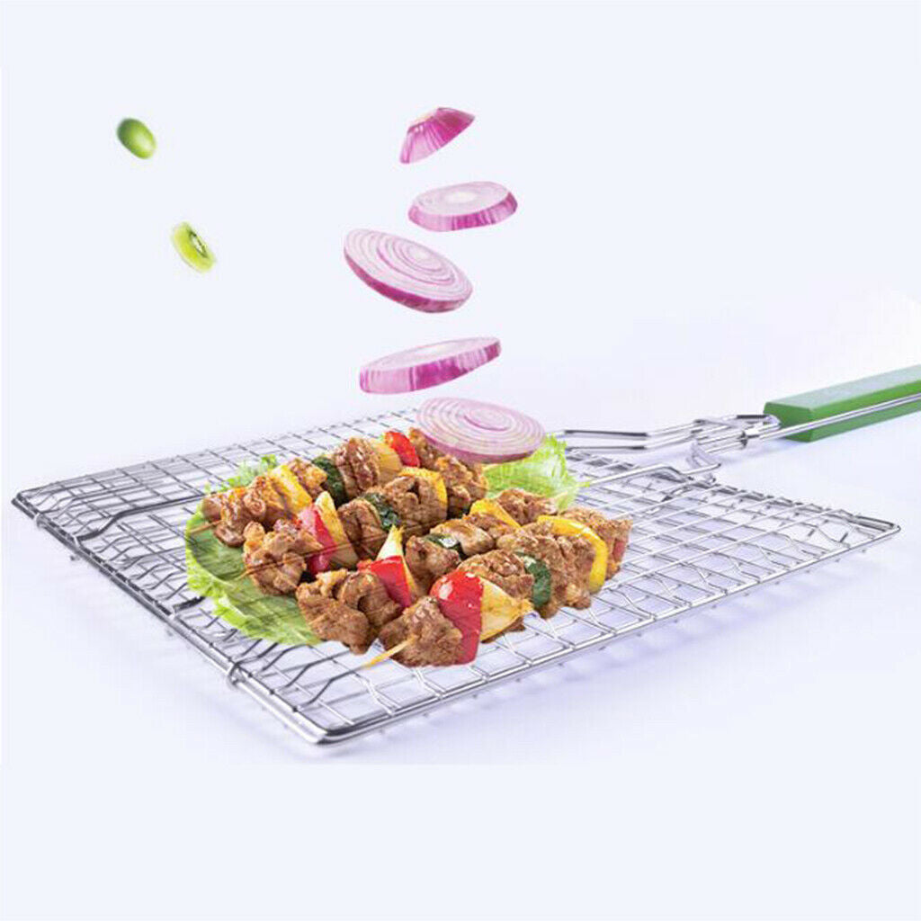Barbecue Grilling Basket Grill BBQ Net for Meat Veg Steak w/Wooden Handle L
