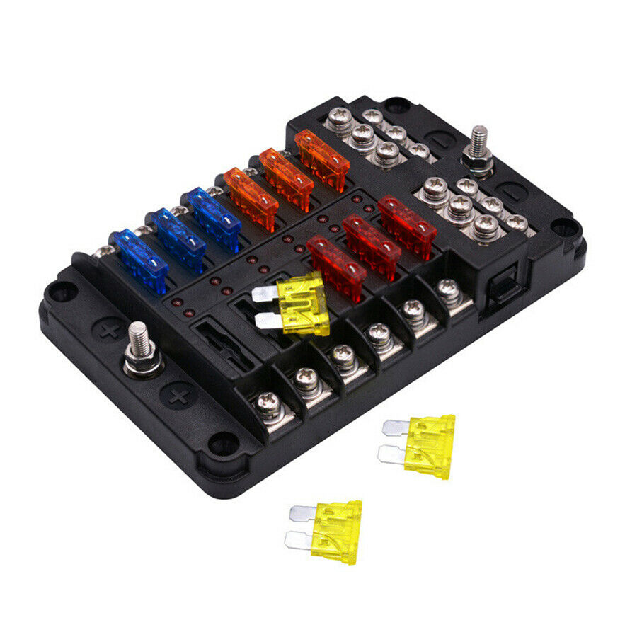 12 Way Blade Fuse Holder PBT PC Fuse Box W/ Indicator light For 12/24V Car Truck