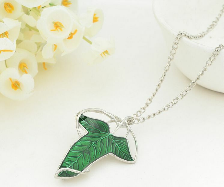 Retro Fine Lord of The Rings Green Leaf Elven Pin Brooch Pendant Chain Necklace