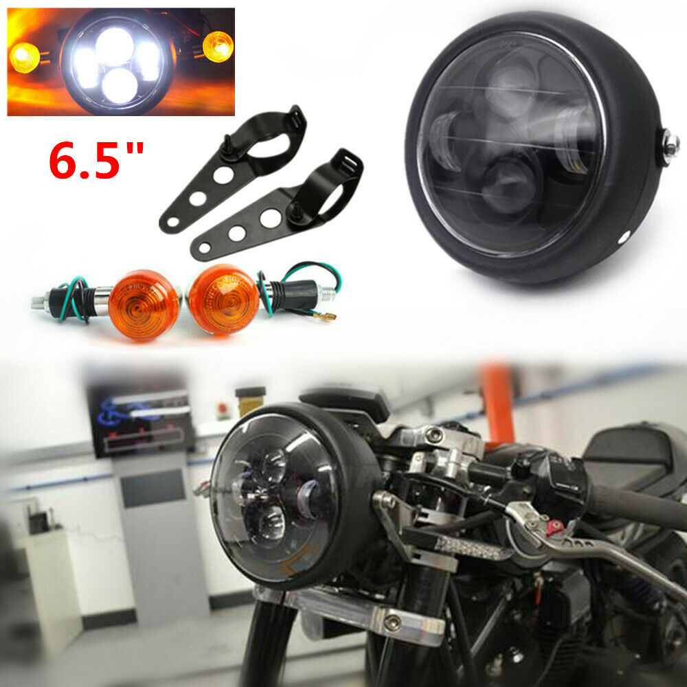12V Retro Motorcycle Bikes 6.5" LED Headlight + Turn Singal Lights + Bracket Set